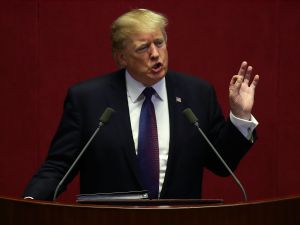 President Donald Trump speaks at the National Assembly on November 8, 2017 in Seoul, South Korea.