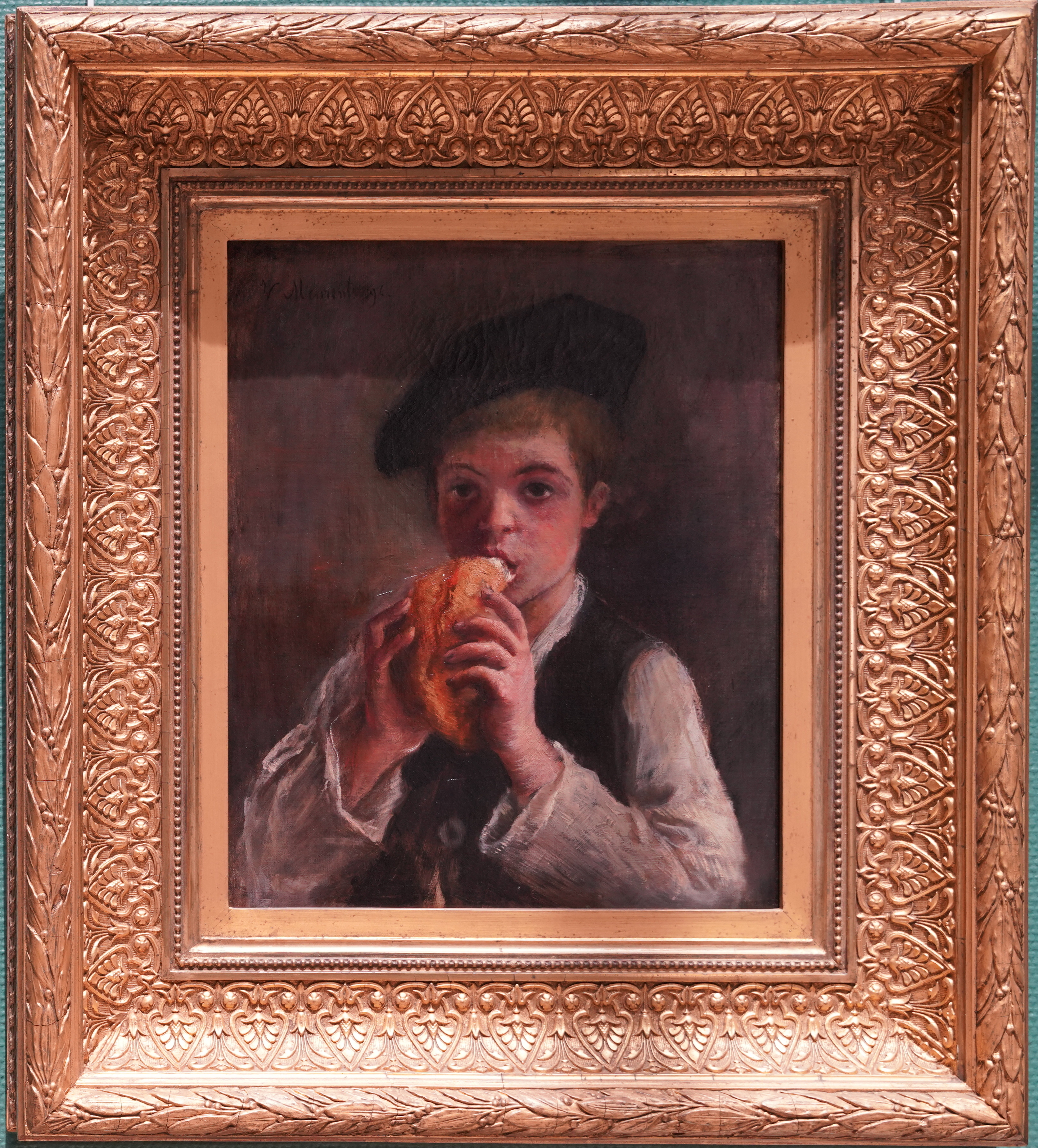 A painting of a boy eating bread