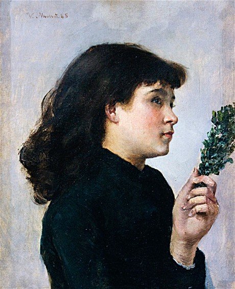 A painting of a girl holding a sprig of greenery