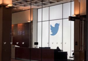 Twitter bird hangs suspended in office lobby building