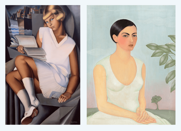Two paintings shown next to each other, each depicting young women dressed in white