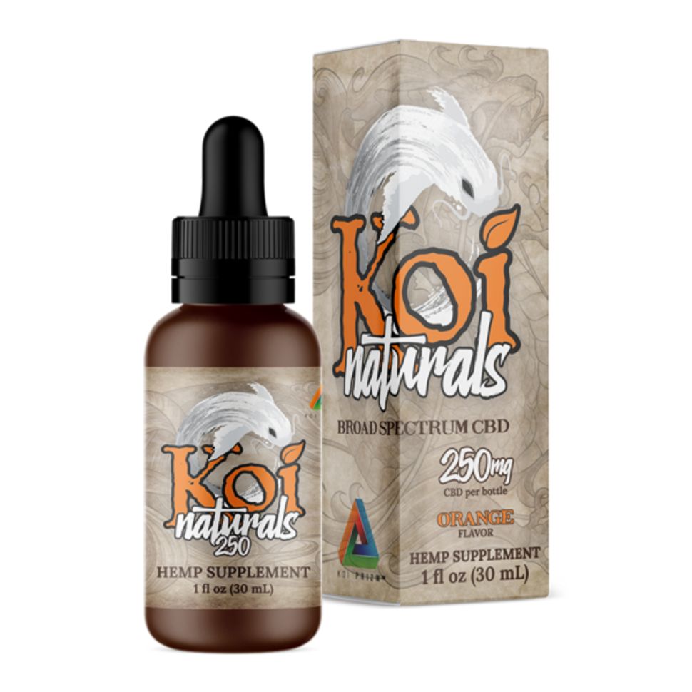 Koi CBD oil glass tincture bottle and product box. 