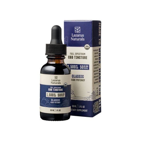 Lazarus Naturals CBD oil glass tincture bottle and product box. 