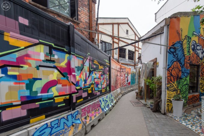View of the M50 Art District Shanghai, with walls full of colorful Street Art. 