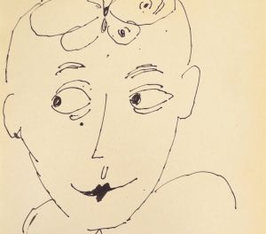 A line drawing of a smiling woman with a butterfly on her head