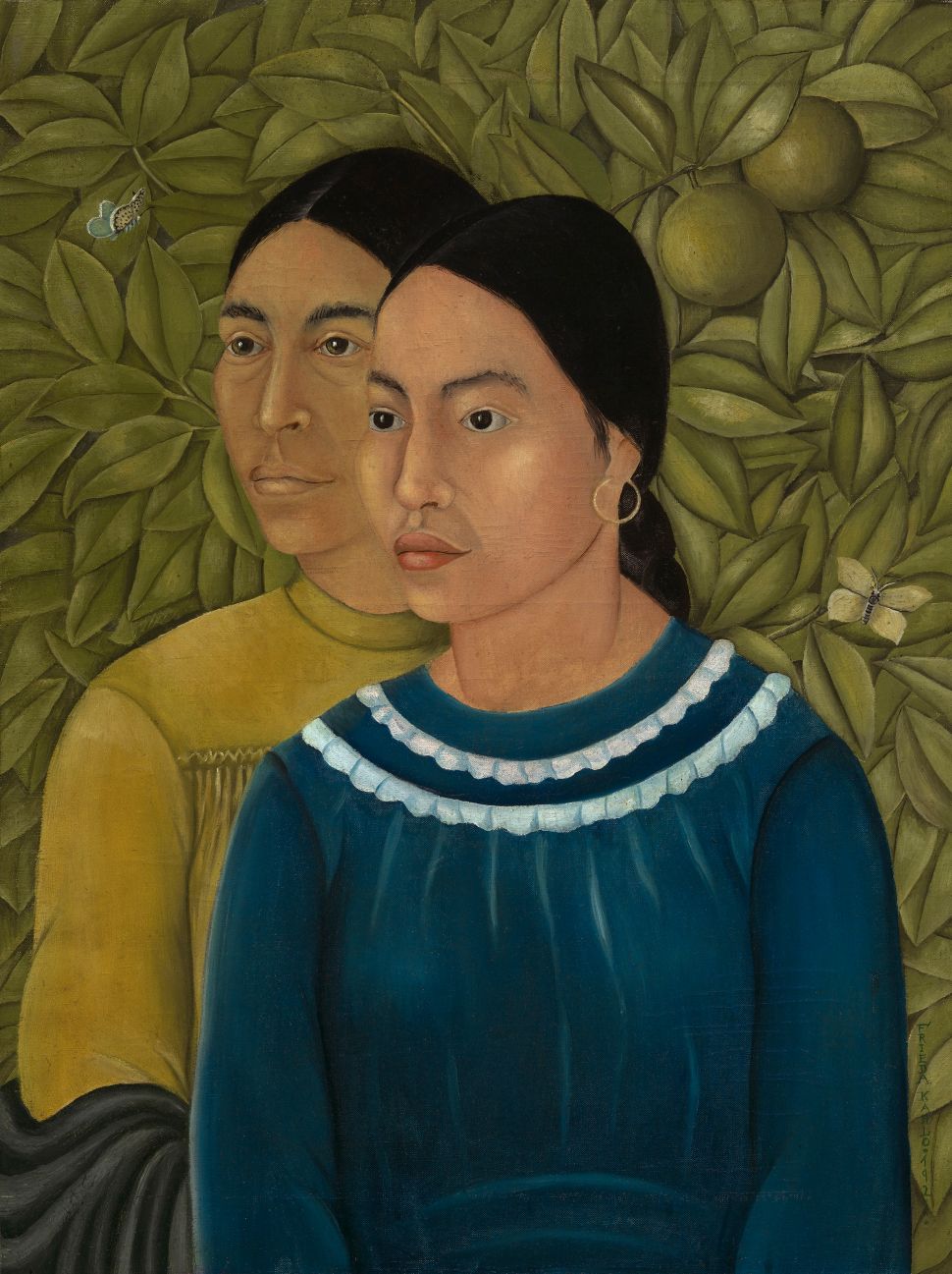 A painting of two women standing side by side; one is in a blue dress with white neck ruffles, the other is in a mustard yellow dress