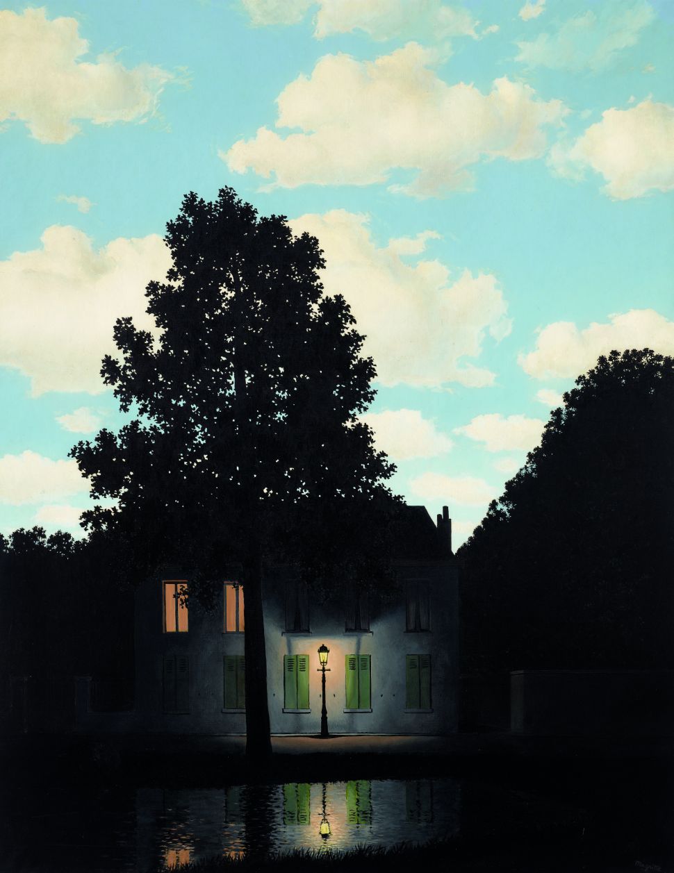 Painting of a house in the darkness againsta a morning blue sky with clouds. 