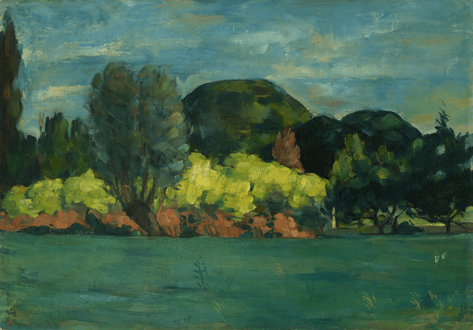 Another oil painting shows a darker, moody landscape with thick trees, a grassy foreground, and a green mountain-like shape in the background. The color scheme consists of deep greens, black, and hints of yellow under a gray sky.