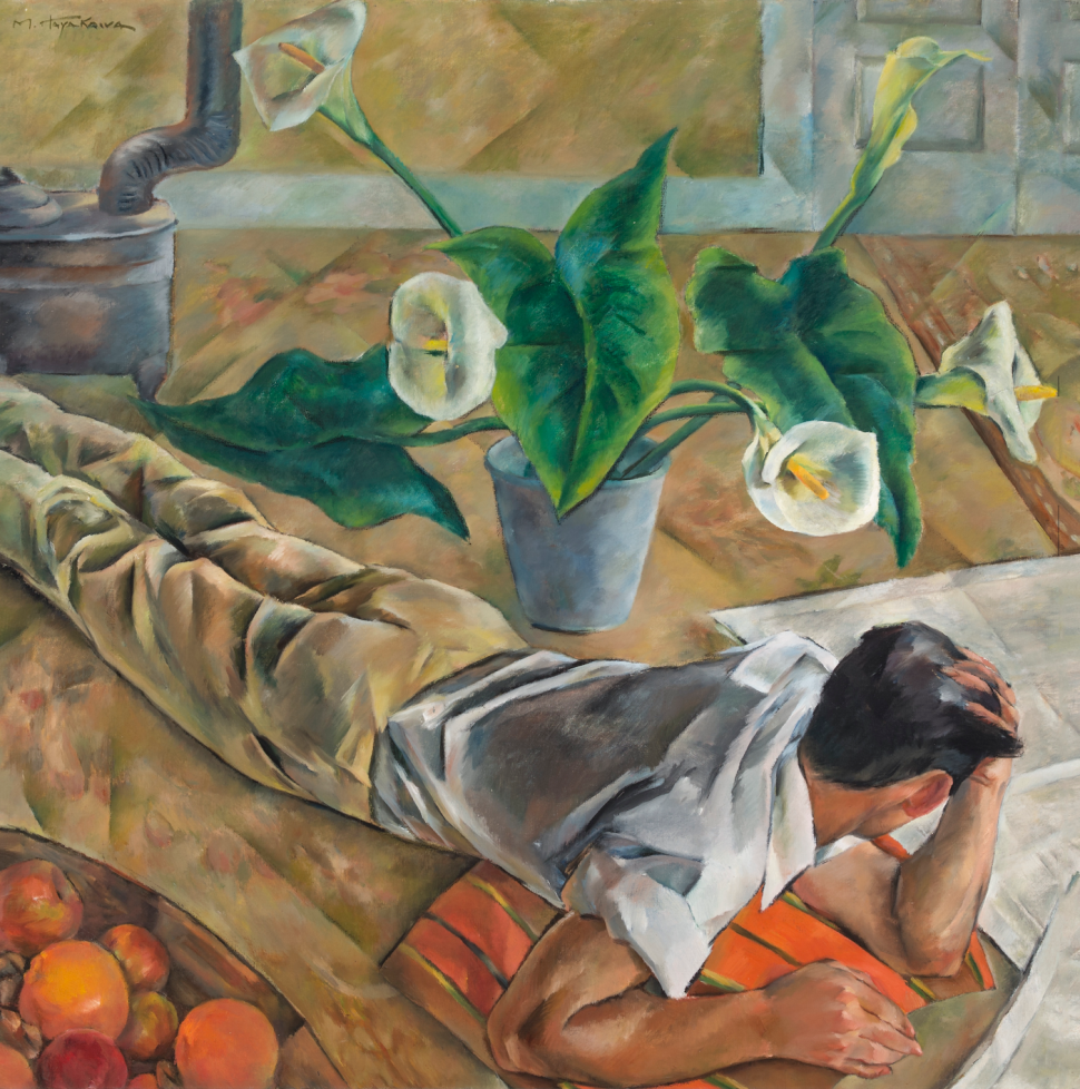Painting of a reclined man body taken from the back.