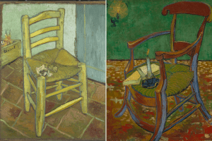 A photo of two paintings of chairs side-by-side: On the left, Van Gogh’s yellow wooden chair with a woven straw seat holds a pipe and crumpled papers, set in a simple interior with a box labeled "Vincent" in the background. On the right, Gauguin’s chair is depicted as a more elaborate wooden armchair, featuring a green cushion, a candle, and books, all rendered in warm tones with a lit lamp in the background.
