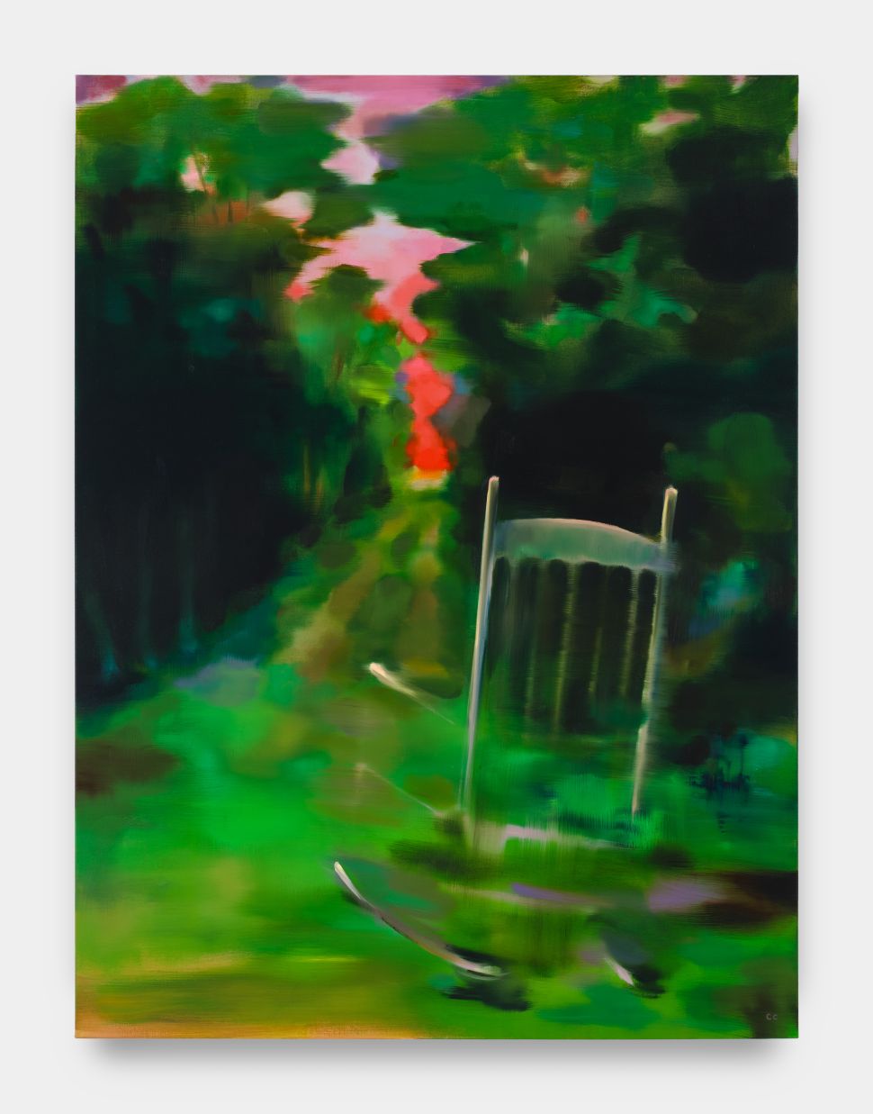 Painting of a chair immersed in a natural scene with a blurry effect.
