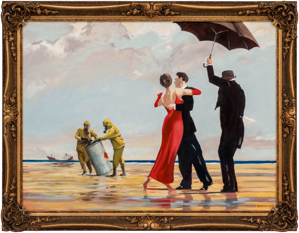 Painting of a couple dancing with a man holding an umbrella while on the back there's a petrolium disaster contaminating the water