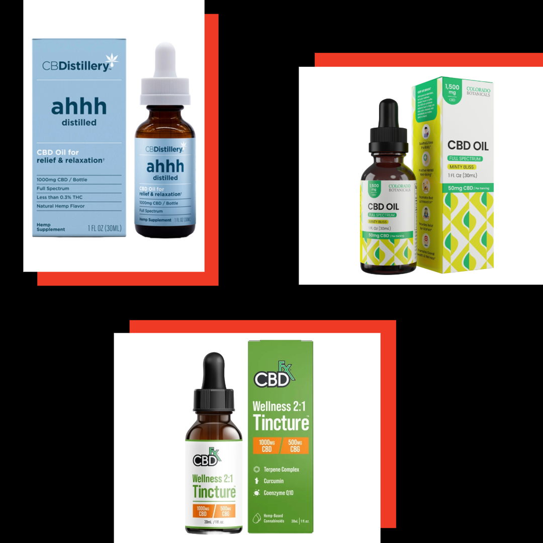 Collage of CBD oil product images from three different brands