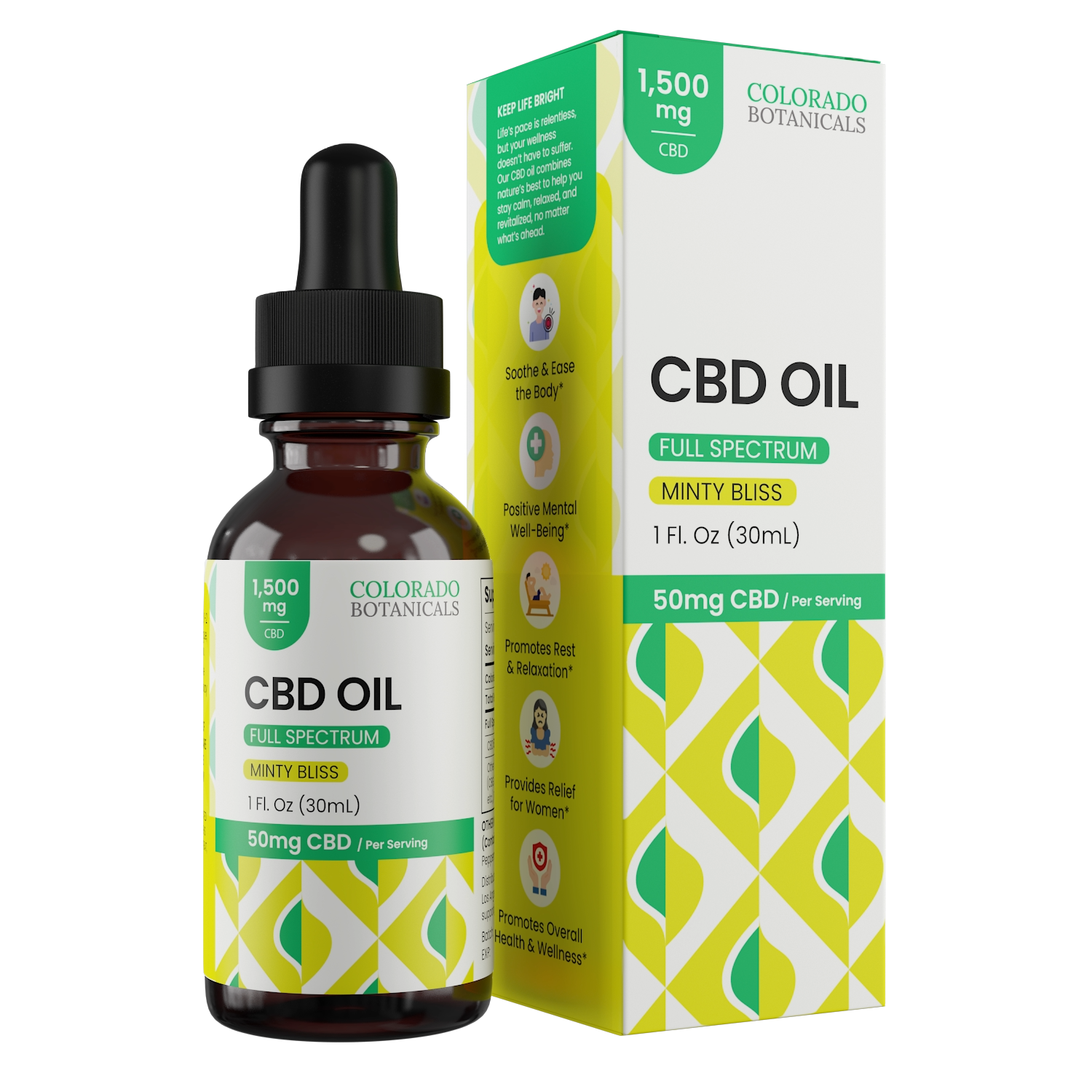 A glass tincture bottle of Colorado Botanicals CBD oil and product box.