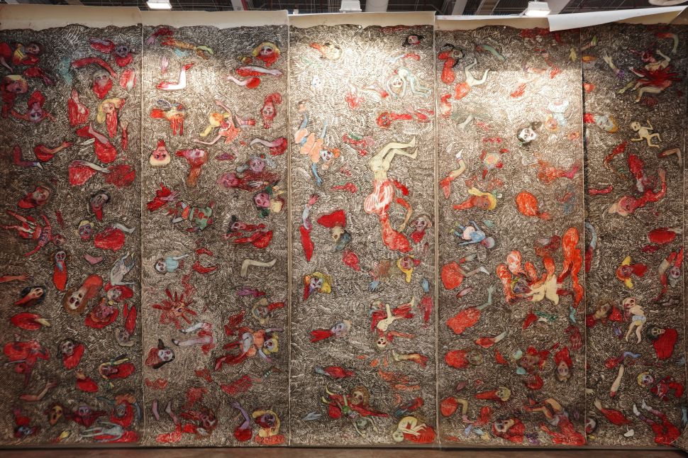 Large wall drawings on scrolls. 