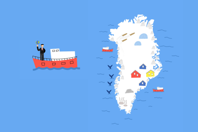 Illustration of a suited figure holding a globe while standing on a red ship approaching Greenland, which is depicted with fishing villages, ice caps, and resource icons, surrounded by multiple boats.