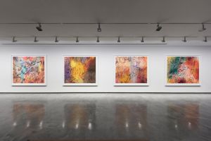 Four colorful abstract paintings hang in a row on a white gallery wall, each featuring layered, gestural marks in vibrant reds, oranges, yellows, and blues.