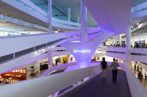 Image of a futuristic architecture with a fair setting.