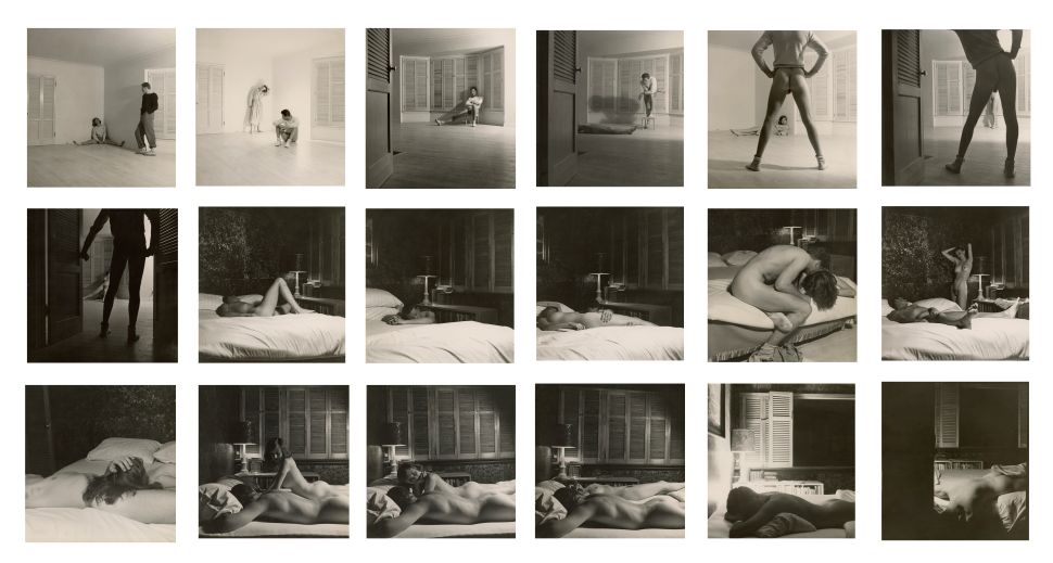 A 1947 photographic sequence by George Platt Lynes titled The Lovers – Laurie Douglas and William Harbach, arranged in a grid of 20 black-and-white images. The series captures an unfolding intimate narrative between two figures—beginning with distant, theatrical poses in a stark room and progressing through scenes of tension, nudity, and vulnerability on a bed, blending cinematic framing with choreographed sensuality.