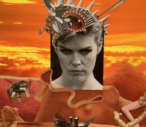 A surreal photomontage titled "The Most Sacred Monster of Photomontage in Her Time" shows a black-and-white portrait of Linder’s face atop a nude torso, surrounded by cut-out objects including scissors, pearls, and kitchen utensils against a vivid orange desert background.