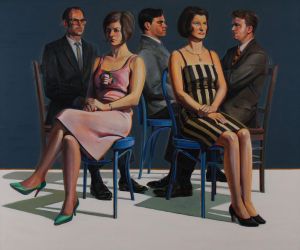 A painting of five formally dressed individuals, three men and two women, seated on mismatched chairs in close proximity, facing different directions with blank or tense expressions, against a flat, dark blue background and white floor.