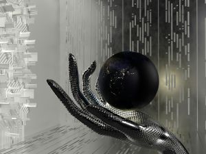 A metallic robotic hand holding a dark globe illuminated with lights, symbolizing artificial intelligence controlling or influencing the global workforce