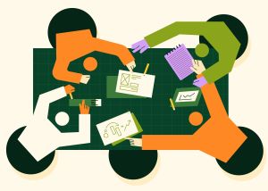 Illustration of four stylized figures seated around a green conference table, exchanging documents, taking notes, and pointing to charts, representing collaborative teamwork and information sharing in a workplace setting.