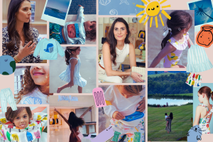 Collage featuring Louise Ulukaya, founder of Mon Coeur, alongside children wearing the brand’s sustainable clothing. The images include scenes of play, ocean-themed prints, and moments of family life, reflecting Mon Coeur’s eco-conscious, joyful aesthetic.